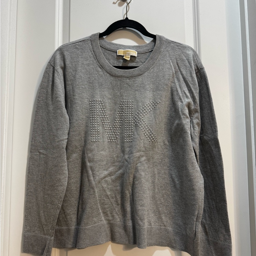 MICHAEL KORS Gray Logo Pullover Sweater Large Long Sleeves Round Neck